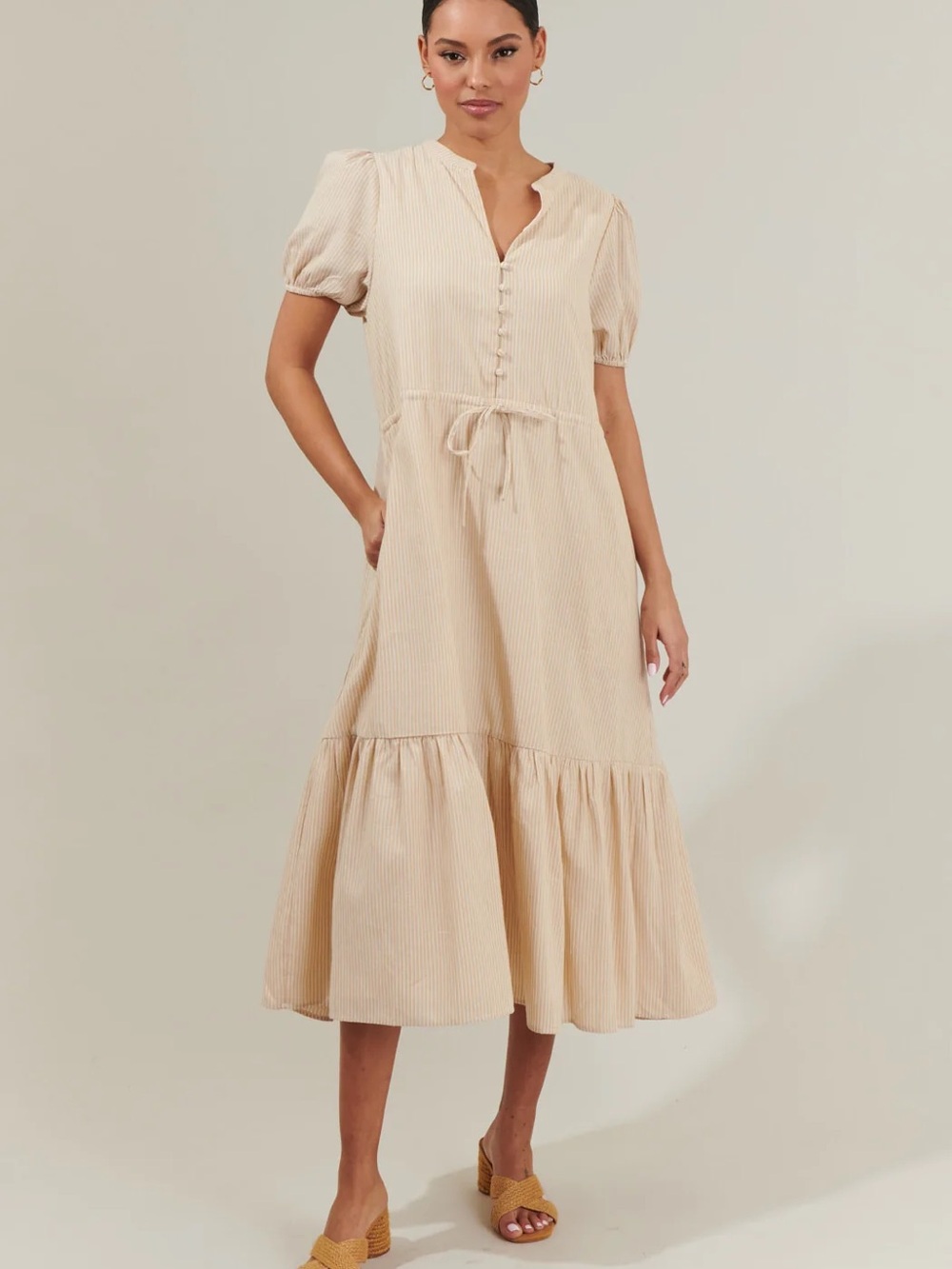 NWT Sugarlips Cream Button-Front Tie-Waist Midi Dress